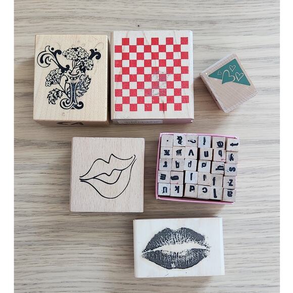 None Other - Wood Rubber Stamps Variety of Lips Kiss Hearts Love Check Background Mini Letter